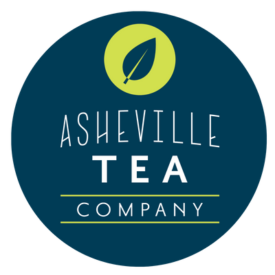 Logo of Asheville Tea Company with a green leaf symbol on a blue background