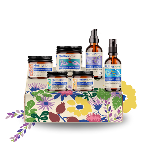 Collection of Motherlove products including jars and bottles on a floral box with a white background.