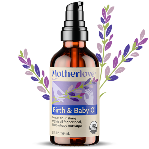 Motherlove Baby Birth & Baby Oil bottle with lavender leaves on a white background