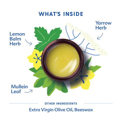 what's inside baby hand and knee balm with jar and illustrated herbs in center