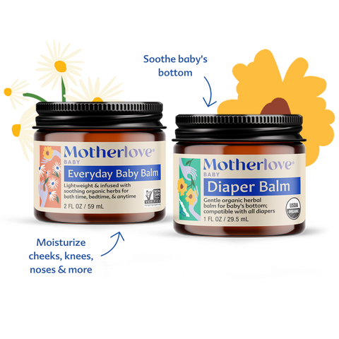 Jars of Everyday Baby Balm and Diaper Balm with descriptions on what each does