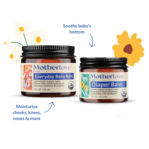 Two jars of Motherlove Baby balm with text indicating their uses on a white background.