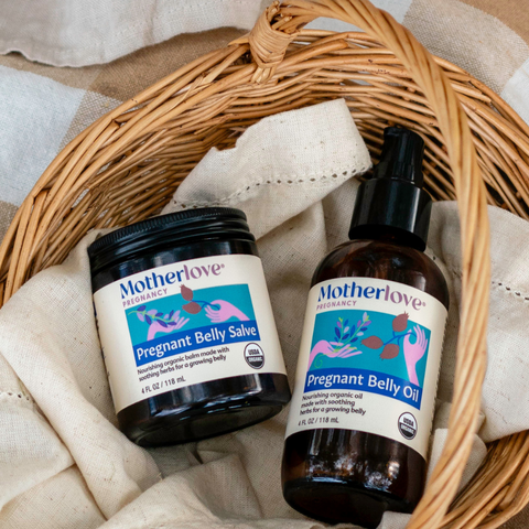 Two Motherlove products, a jar and a bottle, on a textured fabric background.