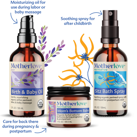 Three Motherlove products including Birth & Baby Oil, Sitz Bath Spray, and Mom's Bottom Balm on a white background.