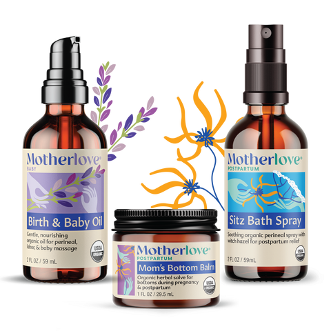 Three Motherlove products including Birth & Baby Oil, Sitz Bath Spray, and Mom's Bottom Balm on a white background.