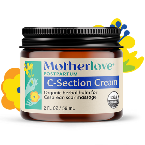 Jar of Motherlove Postpartum C-Section Cream with colorful floral designs on a white background