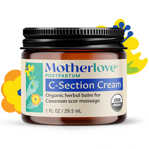 Motherlove C-Section Cream jar with decorative flowers on a white background