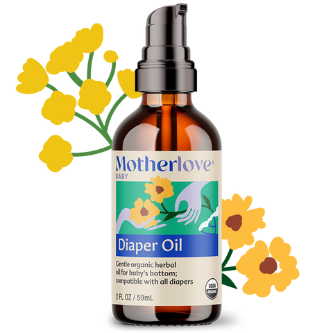 Bottle of Motherlove Baby Diaper Oil with decorative yellow flowers on a white background