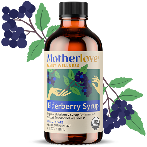 Motherlove Family Wellness Elderberry Syrup in an amber glass bottle with a black cap, shown on a white background with decorative elderberry branches.