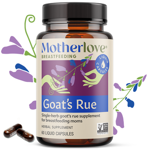 Motherlove Goat's Rue supplement bottle with capsules on a white background