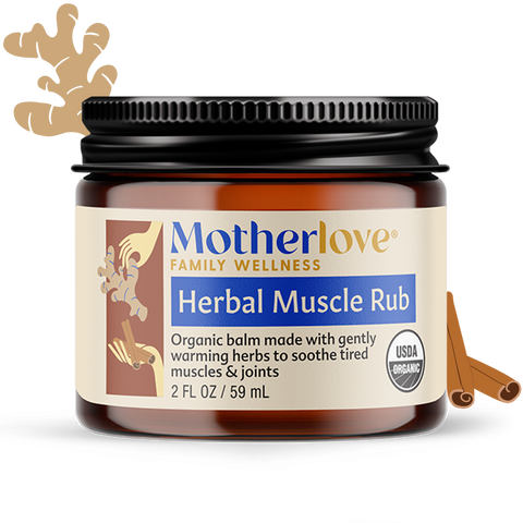 Jar of Motherlove Herbal Muscle Rub on a white background