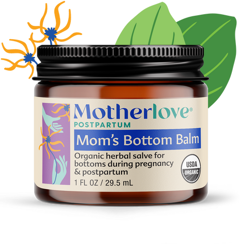 Jar of Motherlove Mom's Bottom Balm with decorative elements on a white background
