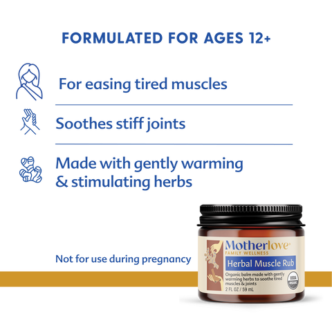 Jar of Motherlove Herbal Muscle Rub with product description on a white background