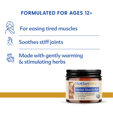 Jar of Motherlove Herbal Muscle Rub with product description on a white background