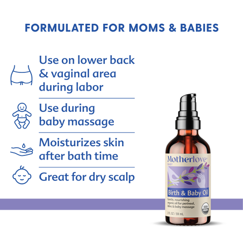 Motherlove Birth & Baby Oil bottle with usage instructions on a white background