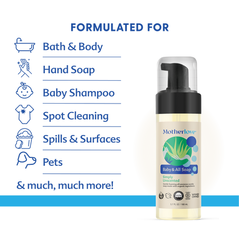 Baby soap bottle with uses listed on a white background