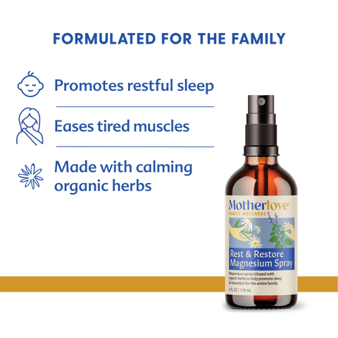 Motherlove Rest & Restore Magnesium Spray bottle with product benefits on a white background