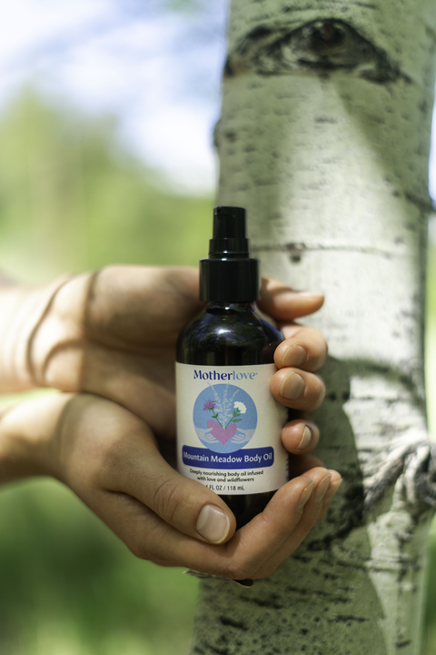 A person's hands holding a bottle of Motherlove Mountain Meadow Body Oil in front of a birch tree outdoors.