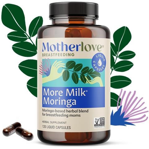 Motherlove More Milk Moringa supplement bottle with capsules on a white background