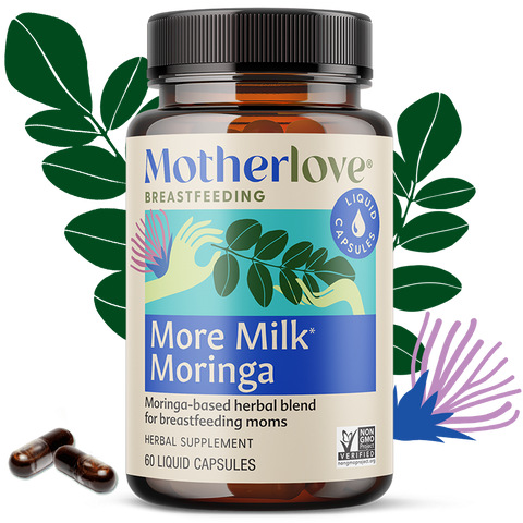 Motherlove More Milk Moringa supplement bottle with capsules on a white background