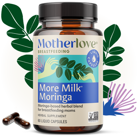 More Milk Moringa 60 count capsule bottle with herb graphics behind and capsules next to bottle
