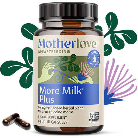 Motherlove More Milk Plus supplement bottle with capsules on a white background