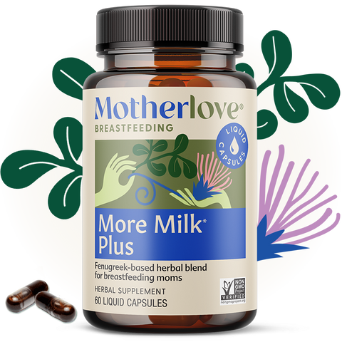 More Milk Plus 60 count capsule bottle with herb graphics behind jar and capsules next to bottle