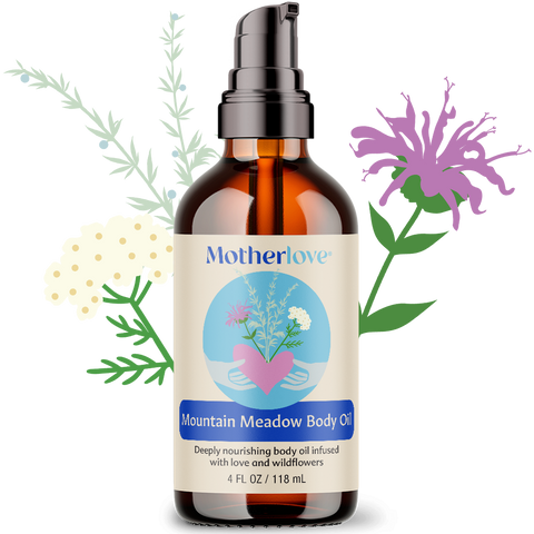 Bottle of Mountain Meadow Body Oil with herbs behind it