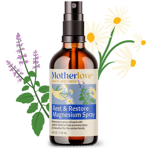 Motherlove Rest & Restore Magnesium Spray bottle with flowers on a white background