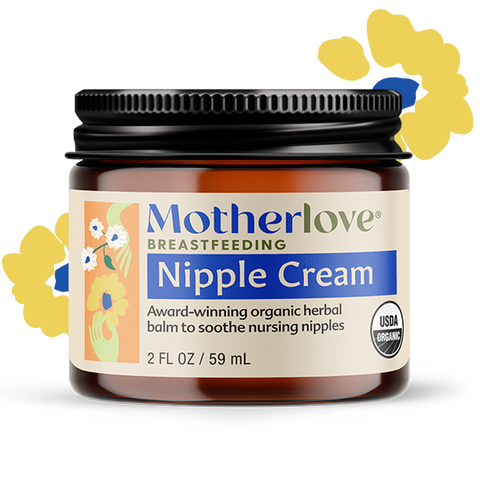 Jar of Motherlove Breastfeeding Nipple Cream with decorative flowers on a white background