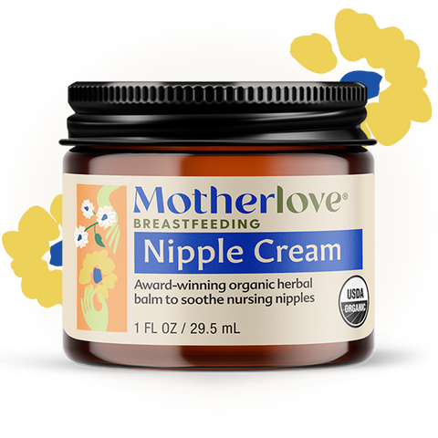Motherlove Nipple Cream 1oz jar with herb graphics behind