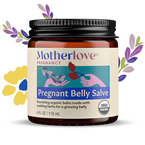 Motherlove Pregnant Belly Salve jar with decorative elements on a white background
