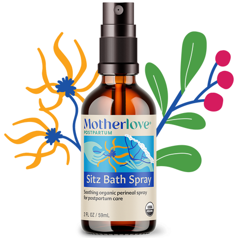 Motherlove Sitz Bath Spray bottle with decorative elements on a white background