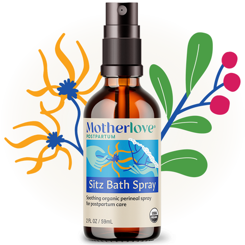Sitz Bath Spray 2oz spritzer bottle with herb graphics behind