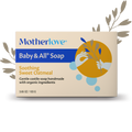 Motherlove Baby & All Soap 'Soothing Sweet Oatmeal' box packaging, featuring a beige background with blue and orange graphic accents and botanical illustrations.