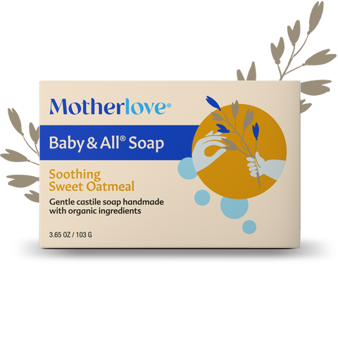 Motherlove Baby & All Soap 'Soothing Sweet Oatmeal' box packaging, featuring a beige background with blue and orange graphic accents and botanical illustrations.