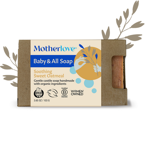 Motherlove Baby & All Soap packaging with a visible bar of soap inside on a white background.
