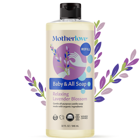 Motherlove Baby & All Soap bottle with lavender design on a white background
