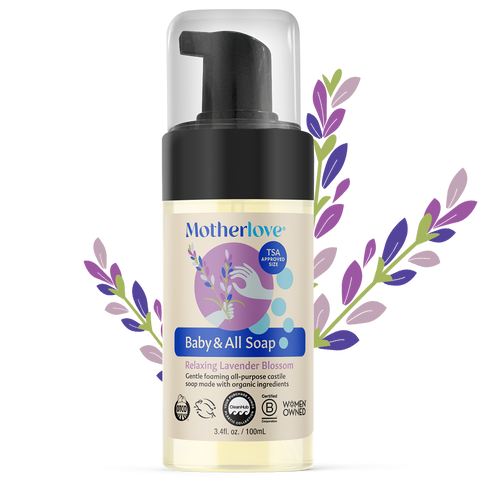 Foam soap bottle with 'Motherlove' branding on a white background with lavender graphics.