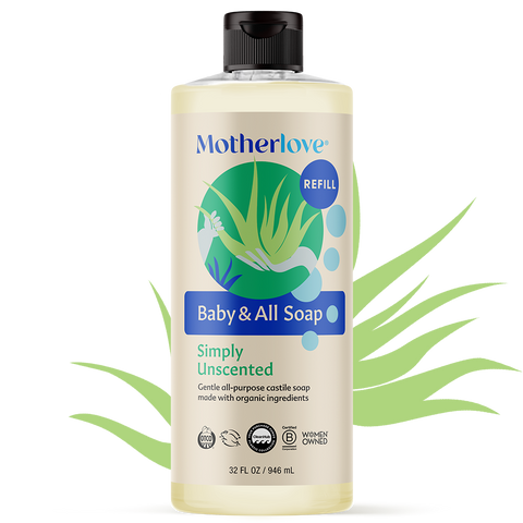 Bottle of Motherlove Baby and All Soap - Unscented with illustrated herbs behind the bottle