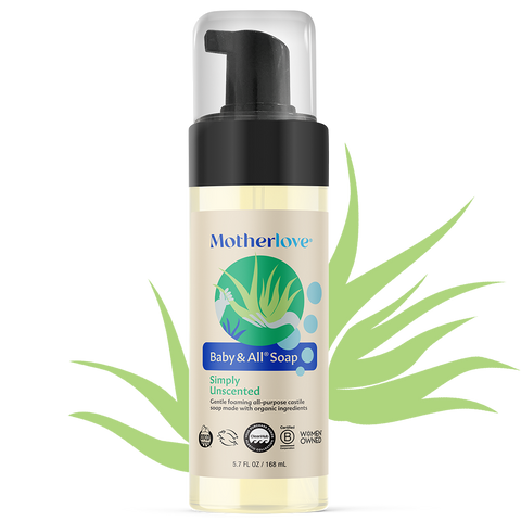 Bottle of Motherlove Baby and All Soap - Unscented with illustrated herbs behind the bottle