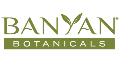 Banyan Botanicals logo with green text and leaves on a white background
