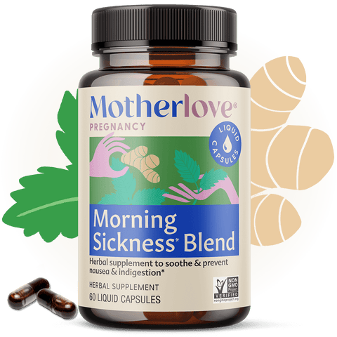 Motherlove Pregnancy Morning Sickness Blend, 60 Liquid Capsules with flower background